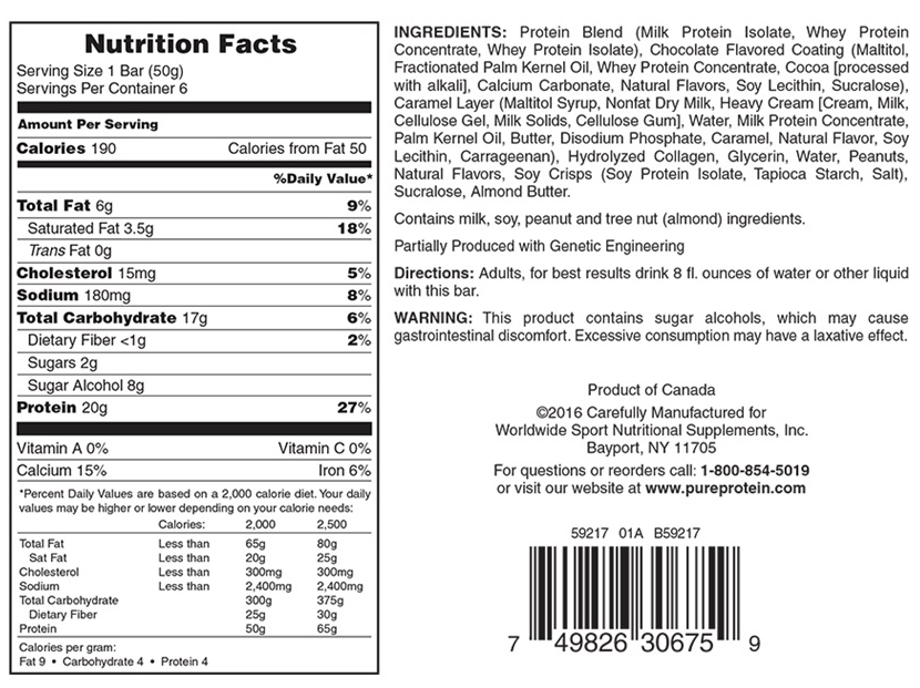 Nutrition facts for a 50g protein bar with 190 calories, 6g fat, 17g carbs, and 20g protein. Contains milk, soy, peanut, almond and possible laxative effect. Made in Canada.