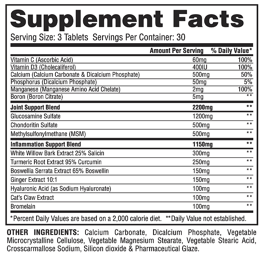 Supplement facts for tablets including vitamins C, D3, Calcium, Phosphorus, Manganese, Boron, Glucosamine & Chondroitin Sulfate.