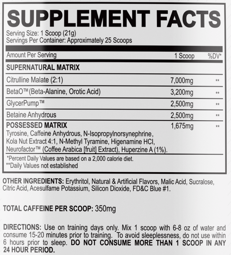 Dietary supplement facts including servings size, ingredients, caffeine amount, and usage directions. Suitable for training days only.