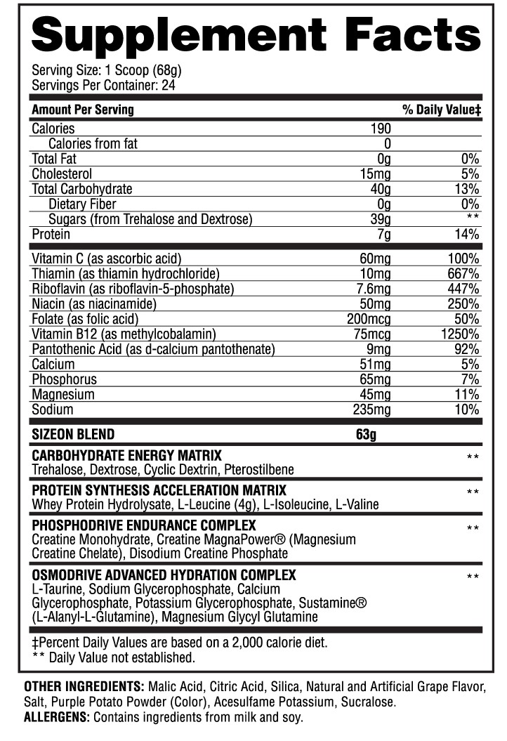 Supplement facts for a serving size of 1 scoop (68g), including nutrition data, ingredients, and allergens, like milk and soy.