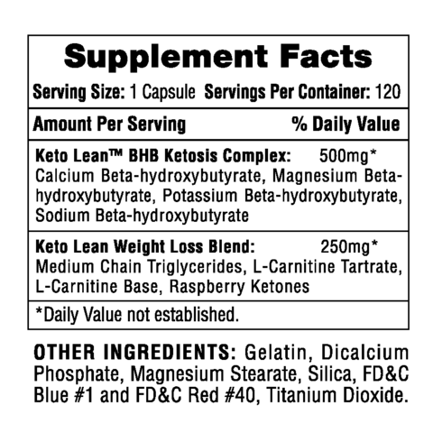 Supplement facts label for Keto Lean showing serving size, BHB Ketosis Complex, weight loss blend ingredients, and other ingredients.