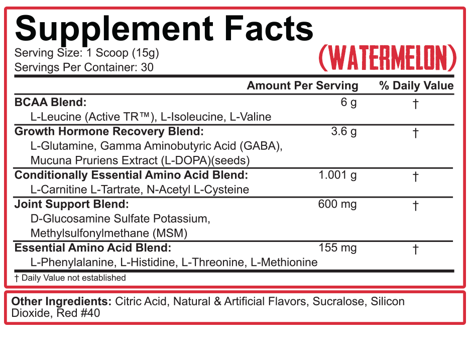 Nutrition label indicating a blend of amino acids, recovery blend, joint support blend, and essential amino acid blend in a 15g supplement serving.