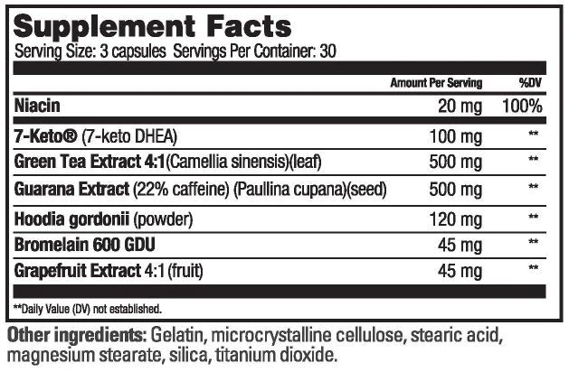 Supplement facts showing serving size, ingredients including Niacin, 7-Keto, Green Tea Extract, Guarana, Hoodia Gordonii, Bromelain and Grapefruit Extract, and other components.