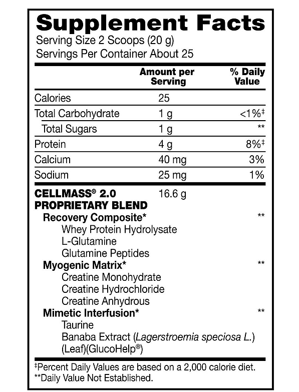 Supplement facts for two scoops of CELLMASS 2.0 Proprietary Blend. 25 servings per container, 1g carbs, 1g sugars, 4g protein, and 16.6g myogenic matrix.