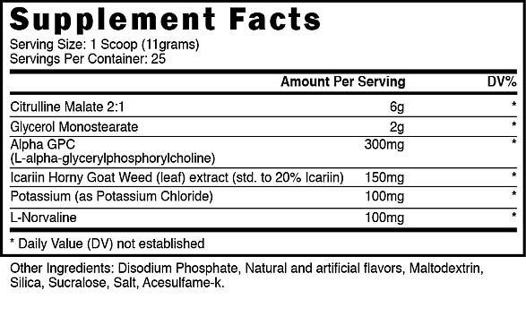 Supplement facts and ingredients for a product including Citrulline Malate, Glycerol Monostearate, Alpha GPC, Horny Goat Weed extract, among others.