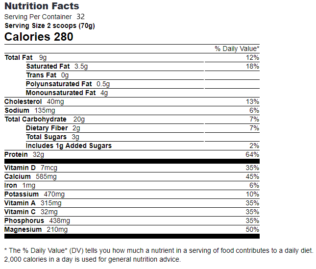 Nutrition label showing serving size, calories, fats, carbs, proteins, vitamins, and minerals for a 2 scoop (70g) serving.