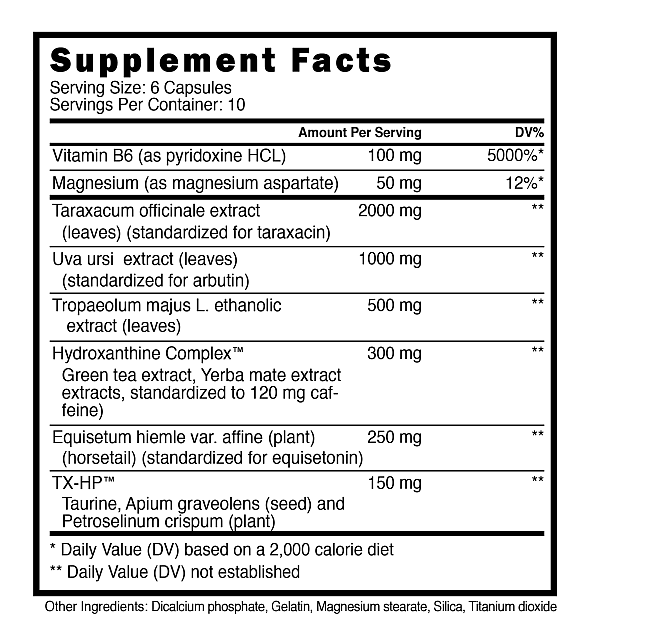 Supplement facts label for a product with ingredients like Vitamin B6, Magnesium, Taraxacum officinale, and Uva ursi extracts. Capsule count per container is 10.