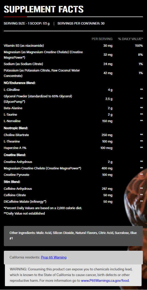 Supplement facts for a product with components like Vitamin B3, Magnesium, Sodium, Potassium, and various blends including NO/Endurance, Nootropic and Creatine. Warning for California residents.