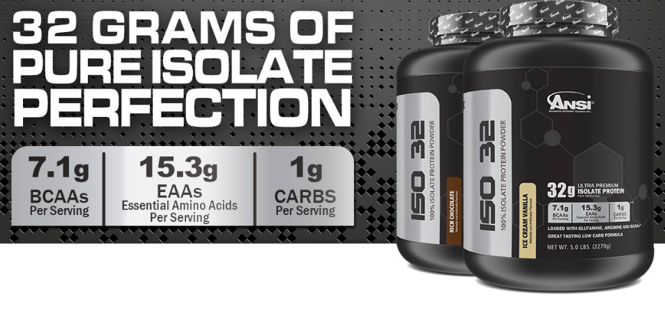 Nutrition facts for 100% Isolate Protein Powder in rich chocolate and ice cream vanilla flavors, includes eaas, bcaas and low carbs.