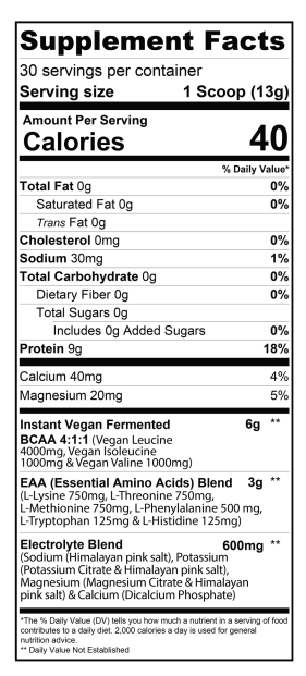 Nutritional facts for a vegan supplement with 30 servings, 9g protein, 0g sugars, and an Essential Amino Acids blend per serving.