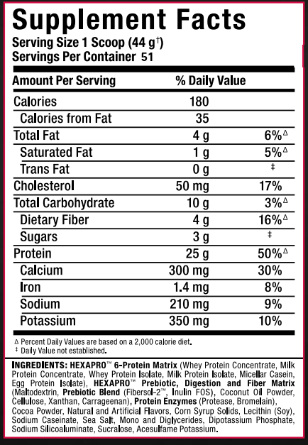 Summary: Nutrition facts label for a 6-protein Matrix supplement, detailing the servings, nutritional content, ingredients, and daily values based on a 2,000 calories diet.