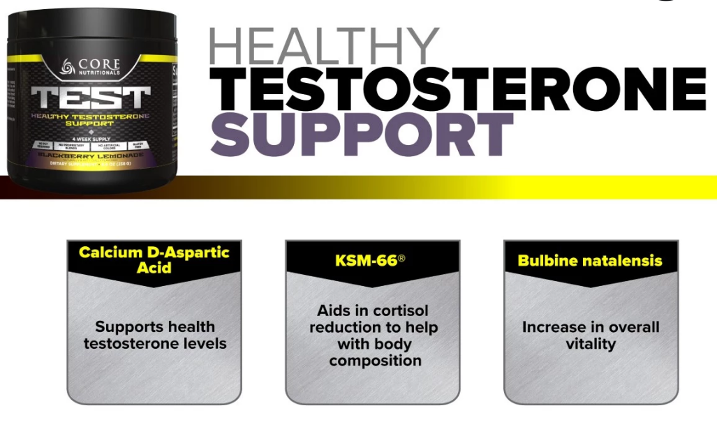 A 4-week supply of Core Nutritionals Test Healthy Y Testosterone Support supplement in Blackberry Lemonade flavor.