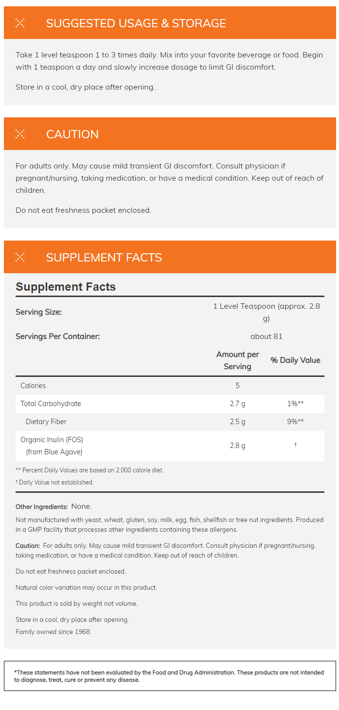 Informational image of a supplement product's usage instructions, supplement facts, caution notes, allergen details, and storage instructions.