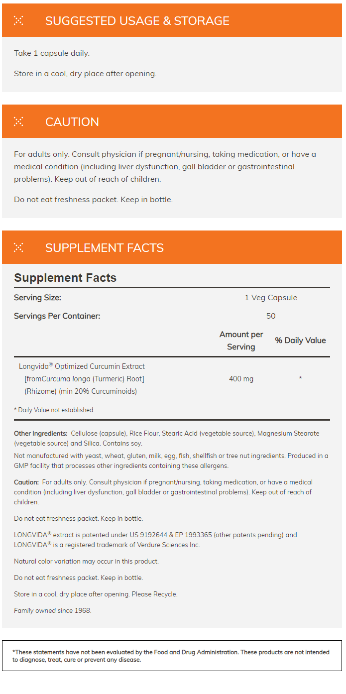 Supplement facts for Longvida Optimized Curcumin Extract capsules. Contains turmeric root extract and other plant-based ingredients.