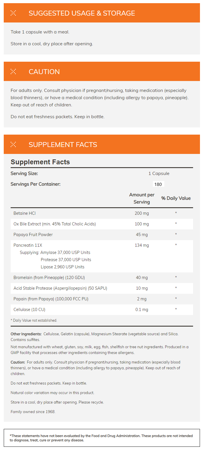 Supplement facts displaying betaine HCl, ox bile extract, papaya fruit powder, pancreatin, bromelain, acid stable protease, and other ingredients.