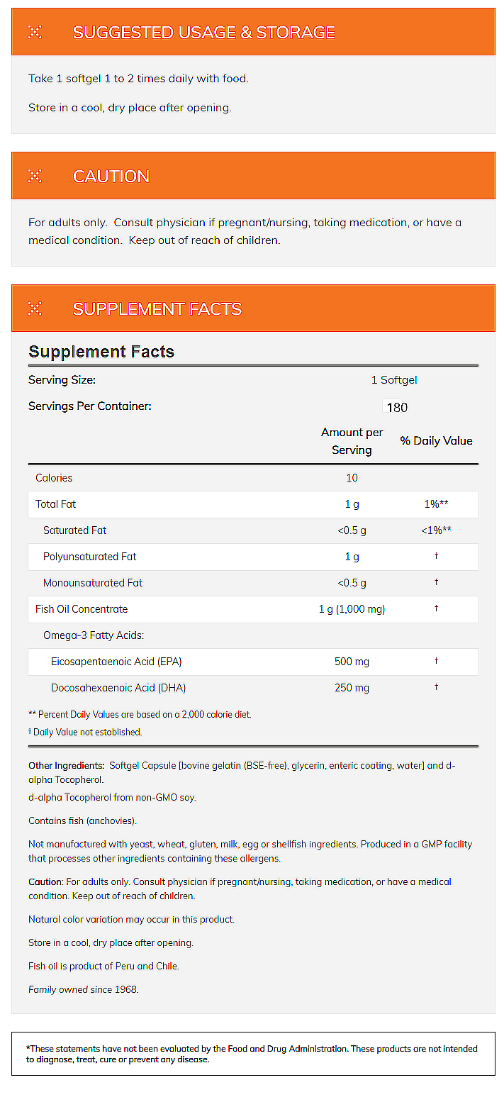 Fish oil supplement label showing supplement facts, suggested usage, storage instructions, and medical caution note.