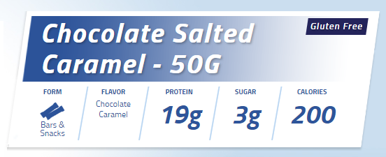 Gluten-free, 50G Form bar in Chocolate Salted Caramel flavor with 19g protein, 3g sugar, and 200 calories.