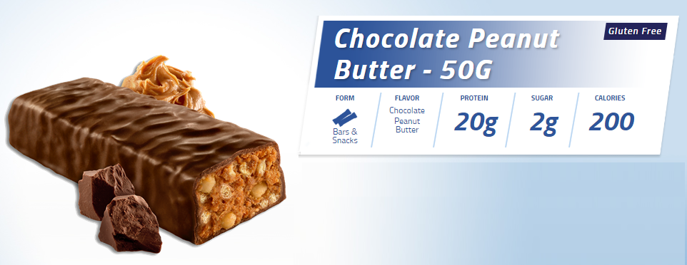 50G chocolate peanut butter FORM protein bar, gluten free with 20g protein, 200 calories, and 2g sugar.