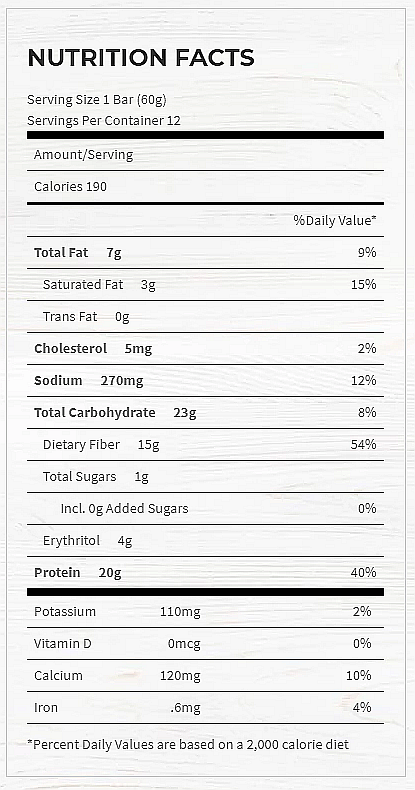 Nutrition facts panel for a 60g bar. Content includes: 190 calories, 7g fat, 3g saturated fat, 23g carbs, 20g protein, and vitamins.