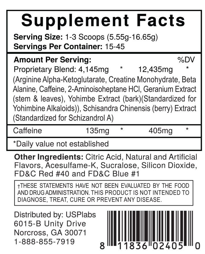 Nutritional information and ingredients for a dietary supplement with serving size and number details, distributed by USPlabs.
