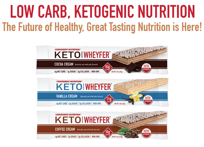 Keto-approved nutrition products: Cocoa Cream, Vanilla Cream, and Coffee Cream. All non-GMO with low carbs, sugar, and 5g of collagen.