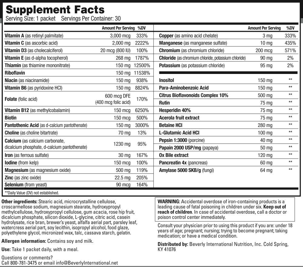 Supplement facts for a 30 serving vitamins and minerals packet containing a variety of nutrients, non-medicinal ingredients, and allergen info.