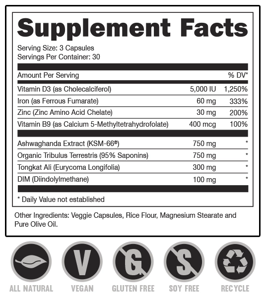 Supplement facts label for a 30 servings vegan, gluten-free, and soy-free product with vitamins, minerals, and organic compounds.