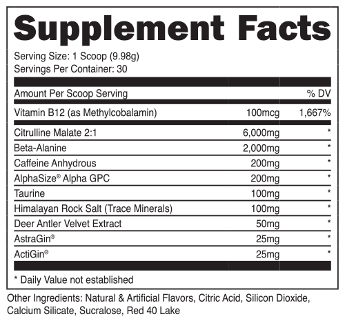 Supplement facts for a product with vitamins, minerals, and various ingredients per scoop serving. Also contains natural and artificial flavors.