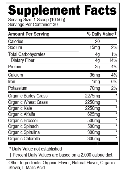 Supplement facts chart for a product with organic ingredients like barley grass, kale, and spinach. It also mentions serving size, daily values, and nutrients.