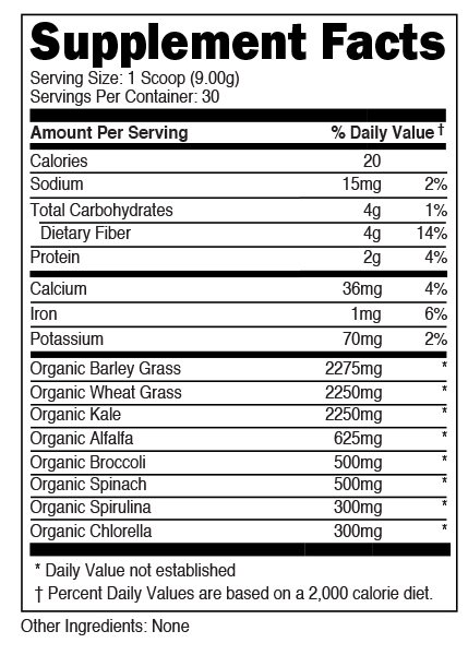 Supplement fact chart showing serving size, calories, sodium, carbohydrates, dietary fiber, protein, calcium, iron, and potassium content, and main organic ingredients.