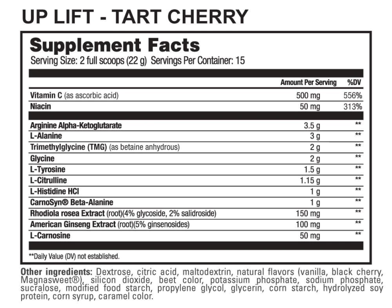 Nutritional facts of UP LIFT-TART CHERRY Supplement including serving size, %DV, ingredients and additives.