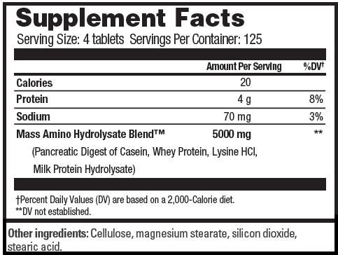 Supplement facts for 4-tablet serving with 20 calories, protein, sodium, Mass Amino Hydrolysate Blend and other ingredients.