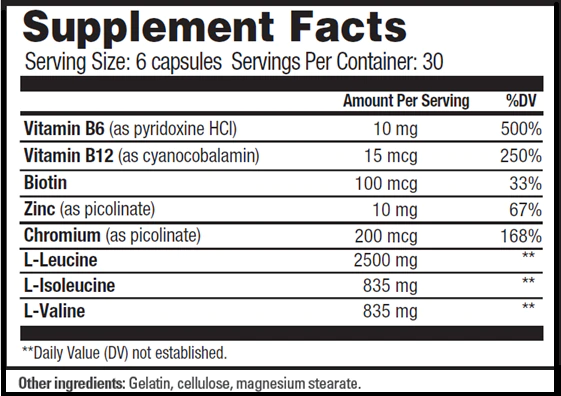 Supplement facts for a 30-serving container, each serving has vitamins B6, B12, biotin, zinc, chromium, and L-Leucine, L-Isoleucine, L-Valine.