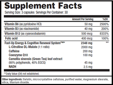 Nutritional label for a 30-serving supplement specifying ingredients and amounts including vitamins B6, B3, B12, folic acid, caffeine, and green tea extract.