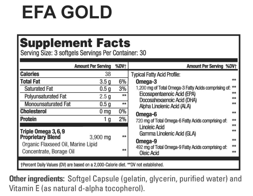 Nutritional information for EFA GOLD supplement with key ingredients: Organic Flaxseed Oil, Marine Lipid, Borage Oil, and Omega Fatty Acids.