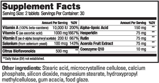 Supplement facts label showing serving size, servings per container, and detailed breakdown of vitamins, minerals, and other ingredients.