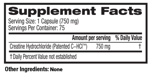 Supplement facts detail serving size and servings per container, including creatine hydrochloride content. No other ingredients listed.