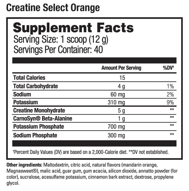 Summary of an orange-flavored creatine supplement facts label showing various ingredient amounts and percent values based on a 2000-calorie diet.