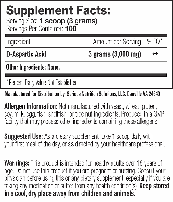 Supplement Facts for a 3-gram serving of Serious Nutrition Solutions' D-Aspartic Acid powder. Free of common allergens. For adults only.