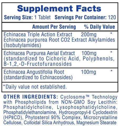 Nutritional facts for a 120 serving Echinacea supplement with 200mg Echinacea Triple Action Extract. Other ingredients include phospholipids and HPBCD.