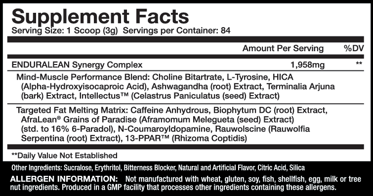 Nutritional supplement label showing serving size, ingredients and allergen information. Not manufactured with common allergens.