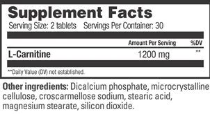 Nutritional supplement label showing L-Carnitine serving size, servings per container, and other ingredients.