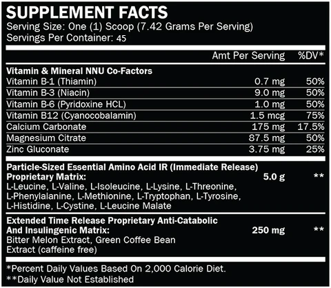 Supplement facts label showing serving size, vitamins, minerals, essential amino acids, and proprietary matrix blends. Based on 2,000 calorie diet.