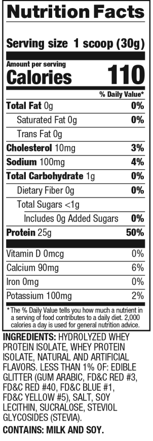 Nutrition facts for a 30g serving of whey protein isolate with 25g protein, 1g carbs, and no fat. Includes full ingredient list.