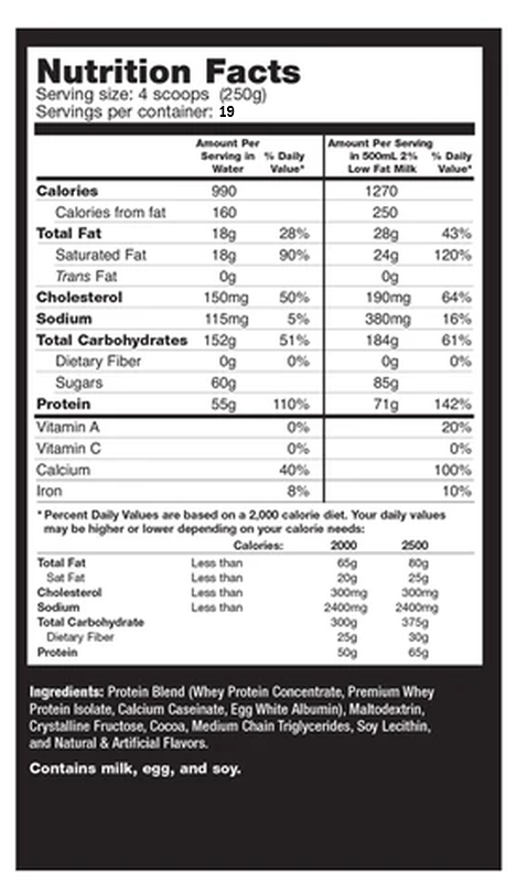 Nutrition facts for 4-scoop serving size protein blend. Provides protein, vitamins A & C, and calcium. Contains milk, egg, and soy.