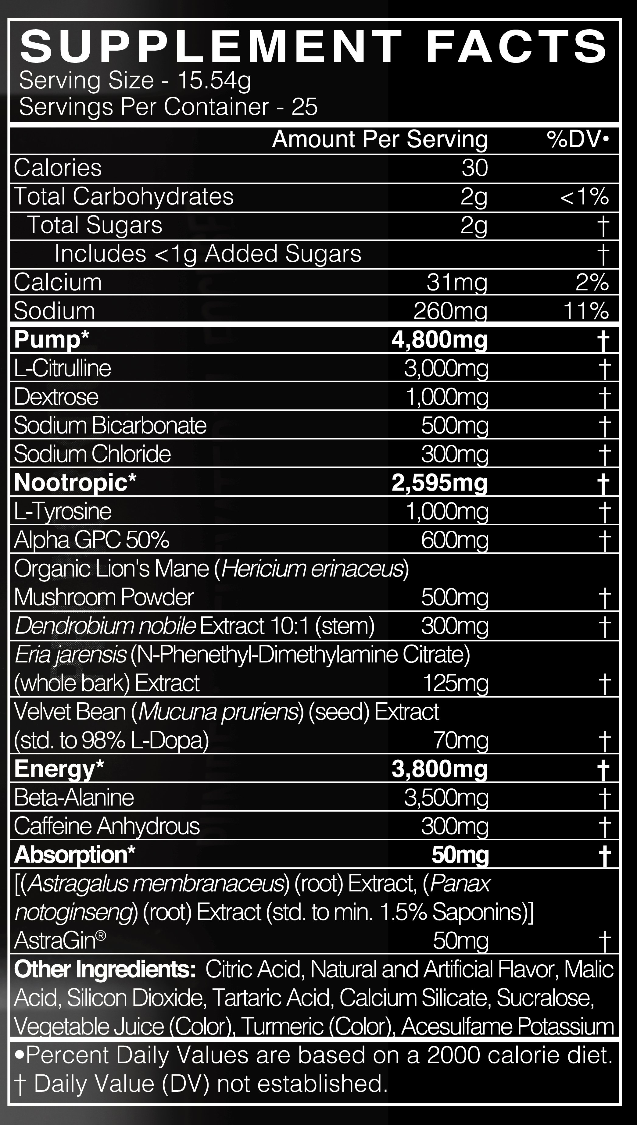 Supplement facts showing serving size, calories, components with their specific amounts including L-Citrulline, Sodium Bicarbonate, L-Tyrosine, and more.