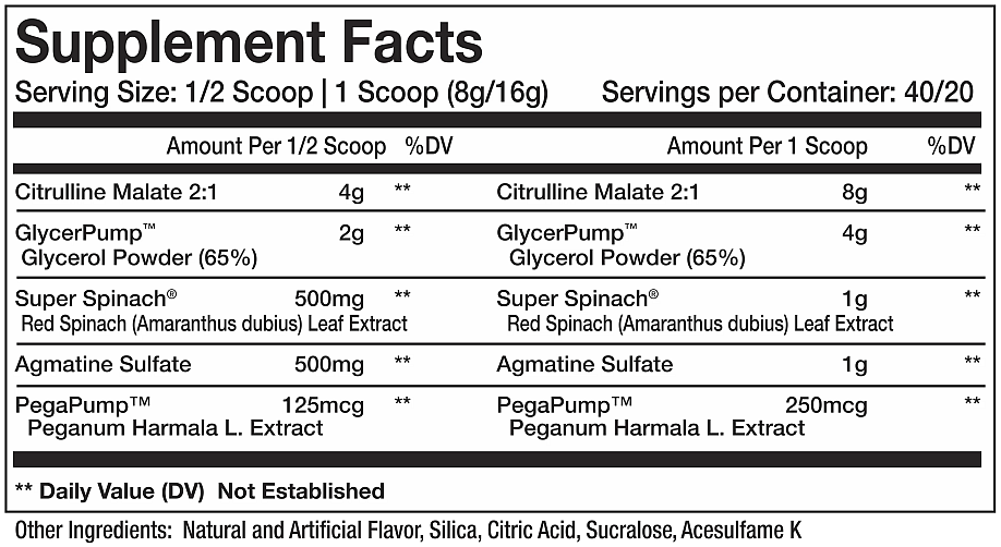 Supplement facts for a product with ingredients like Citrulline Malate, GlycerPump, Super Spinach, and Agmatine Sulfate. Serving sizes provided.