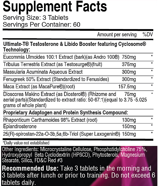 Supplement label for Ultimate-T Testosterone & Libido Booster with ingredients such as Eucommia Ulmoides, Tribulus Terrestris, Fenugreek and Maca Extract.
