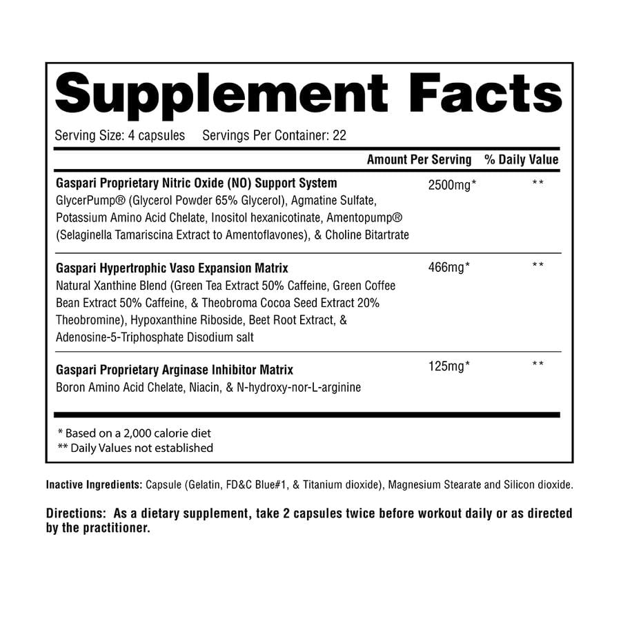 Supplement facts for Gaspari's capsules. Contains GlycerPump, Agmatine Sulfate, Potassium Amino Acid, Inositol hexanicotinate, and more.