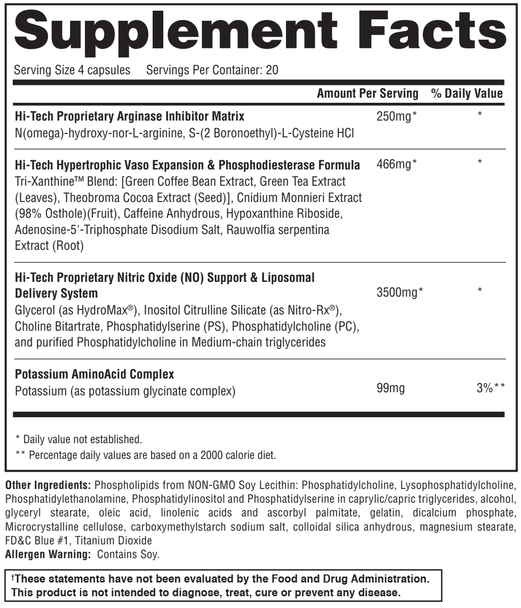 Dietary supplement label displaying a variety of ingredients such as green tea extract and nitric oxide support system. Contains soy. Not FDA approved.